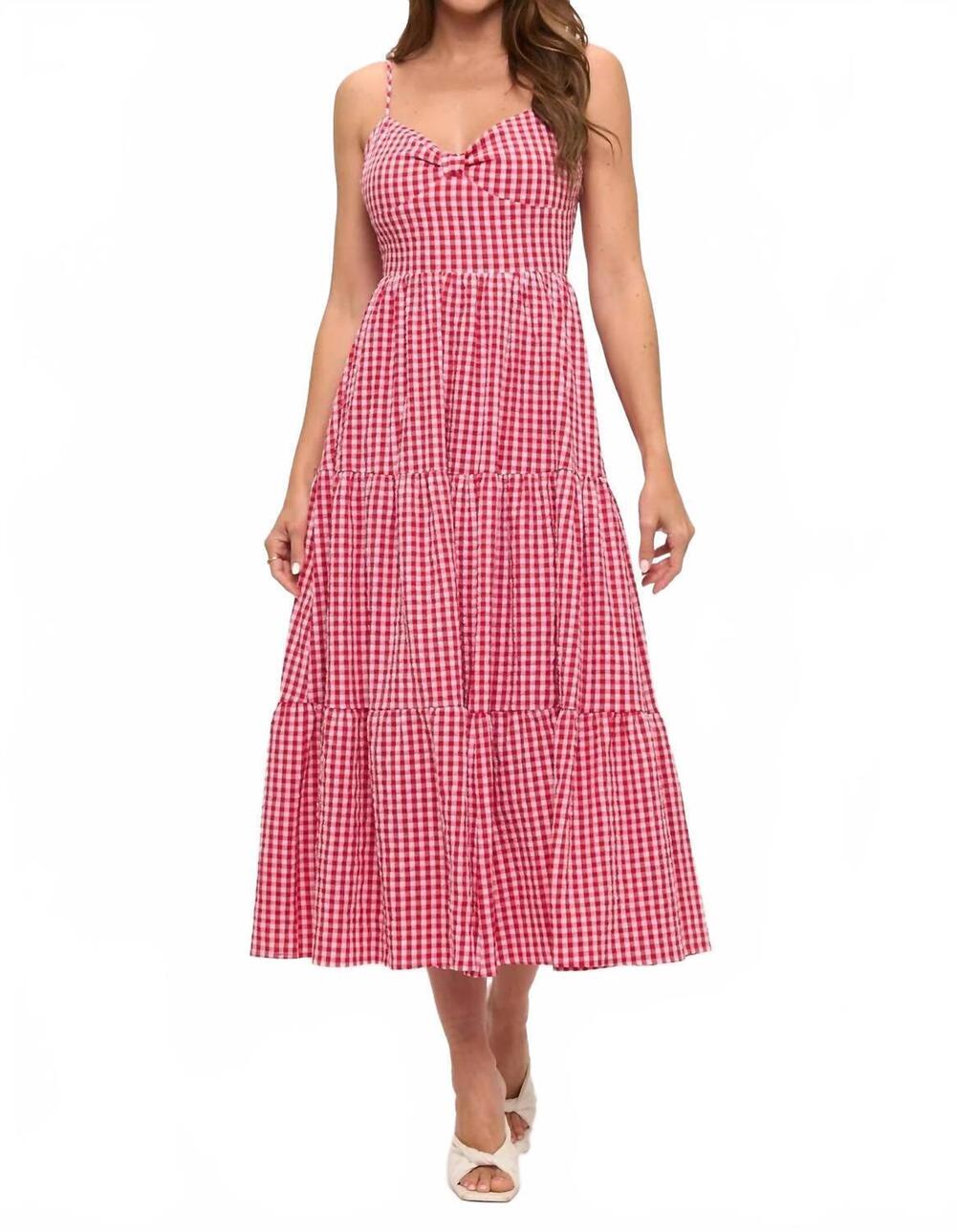 NEW LOVELY DAY gingham bow bust tie back tiered maxi dress in red